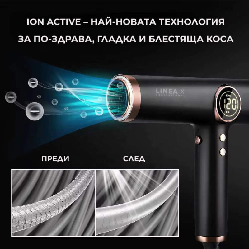 ION ACTIVE технология за по-гладка и блестяща коса със сешоар LINEA X